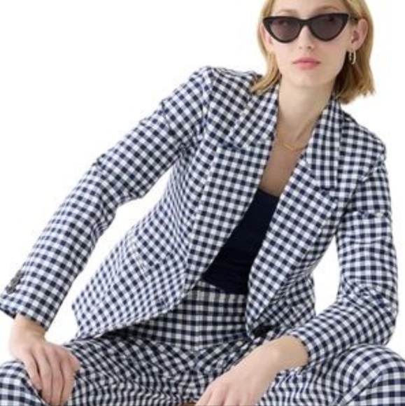 NEW J. CREW Puckered Gingham Blazer Jacket WOMEN'S 8 Navy White Cotton Preppy - Picture 4 of 16